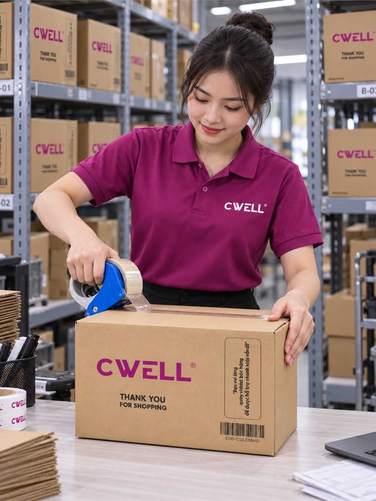 Nhân viên CWELL đóng gói đơn hàng đổi mới